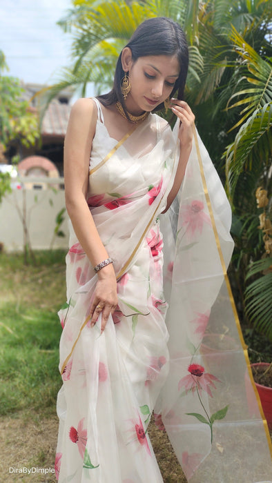 Delicate Pearl (Handpainted White Organza Zari border saree)