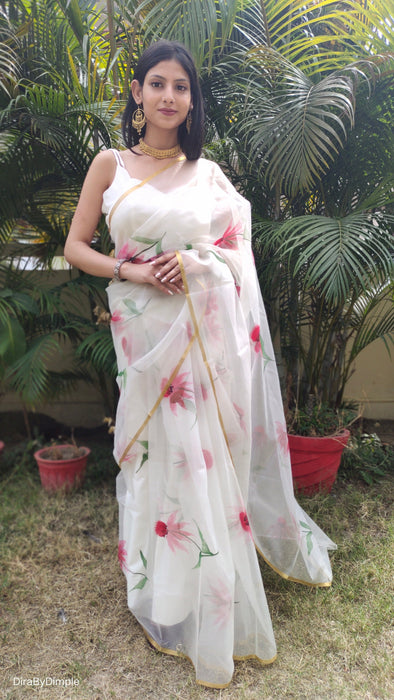 Delicate Pearl (Handpainted White Organza Zari border saree)