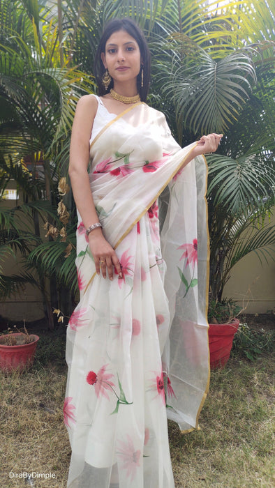 Delicate Pearl (Handpainted White Organza Zari border saree)