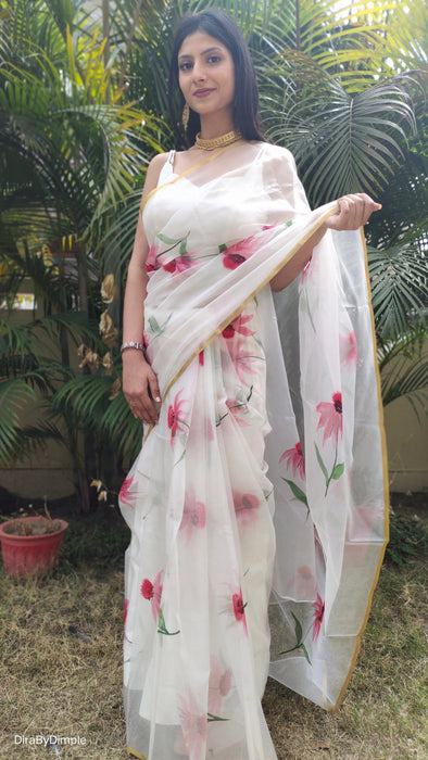 Delicate Pearl (Handpainted White Organza Zari border saree)