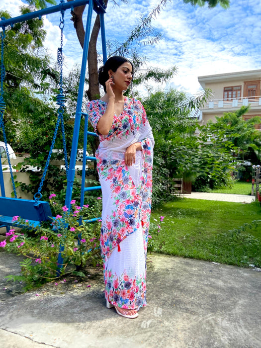 Snow White (Georgette Floral Printed White Saree)