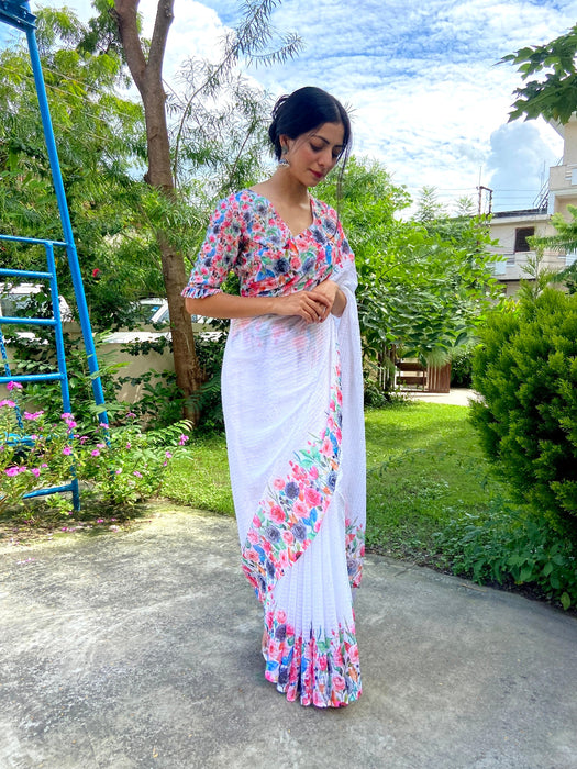 Snow White (Georgette Floral Printed White Saree)