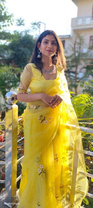 Sunflower Splendor (Pure Silk Organza Handpainted Saree)