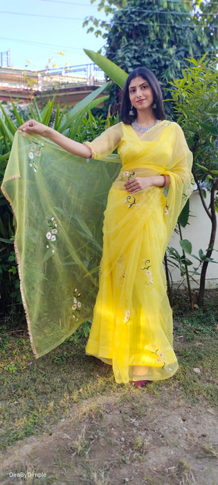 Sunflower Splendor (Pure Silk Organza Handpainted Saree)