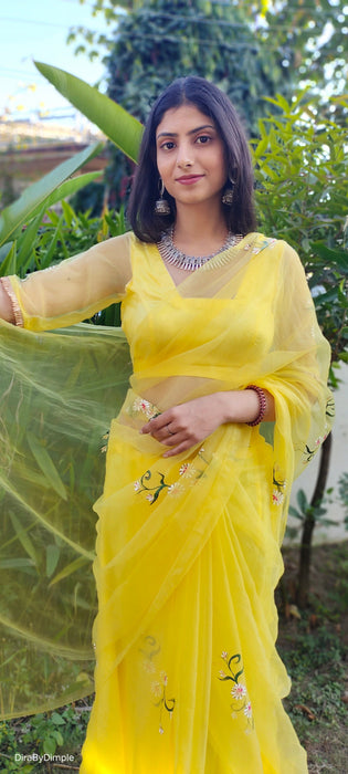 Sunflower Splendor (Pure Silk Organza Handpainted Saree)