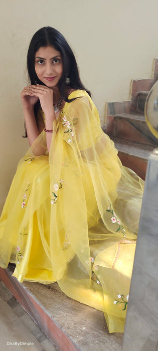 Sunflower Splendor (Pure Silk Organza Handpainted Saree)