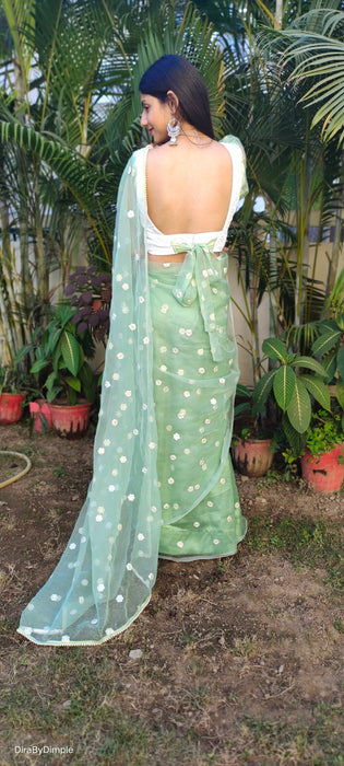 Emerald Enchantment (Embroidered Buttis Organza Pastel Green Saree)