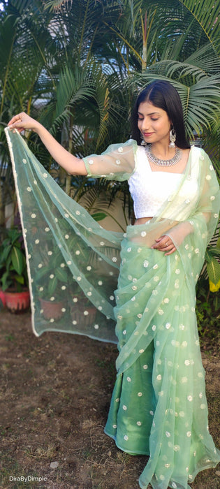 Emerald Enchantment (Embroidered Buttis Organza Pastel Green Saree)