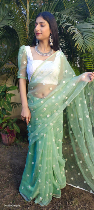 Emerald Enchantment (Embroidered Buttis Organza Pastel Green Saree)