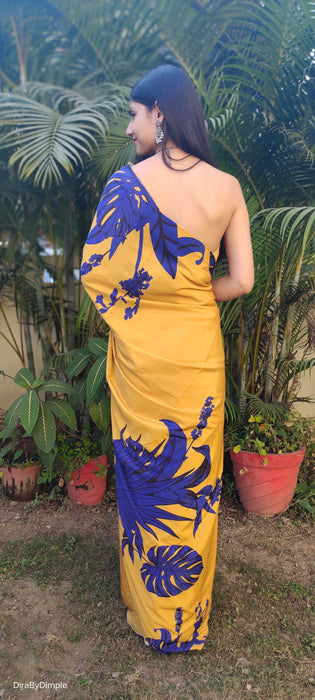 Vivid Fascination (Printed Satin Silk Gold Saree)