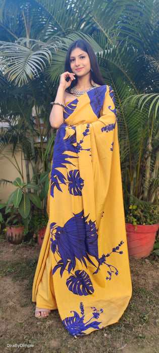 Vivid Fascination (Printed Satin Silk Gold Saree)