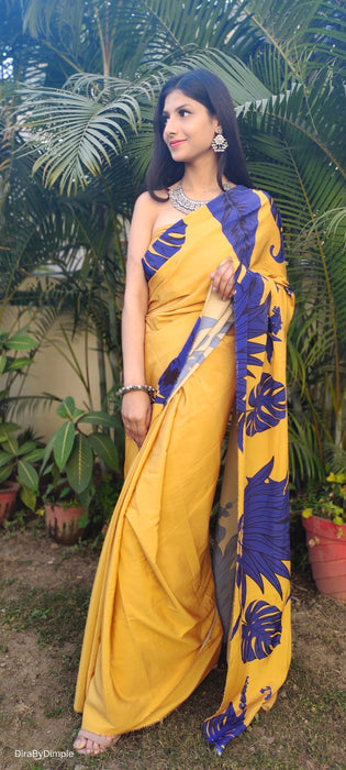 Vivid Fascination (Printed Satin Silk Gold Saree)