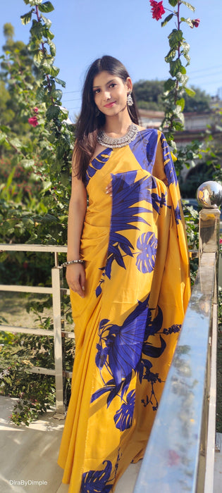 Vivid Fascination (Printed Satin Silk Gold Saree)