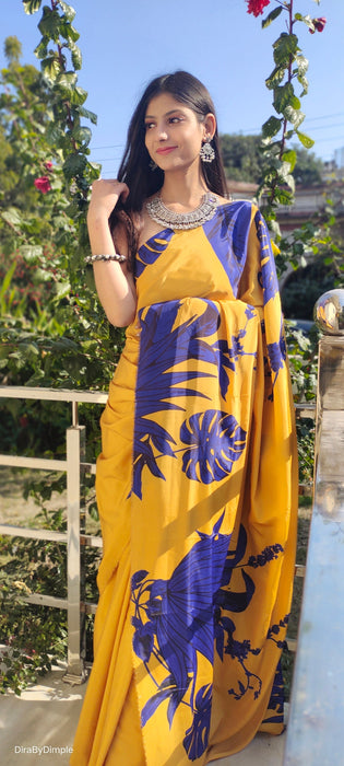 Vivid Fascination (Printed Satin Silk Gold Saree)