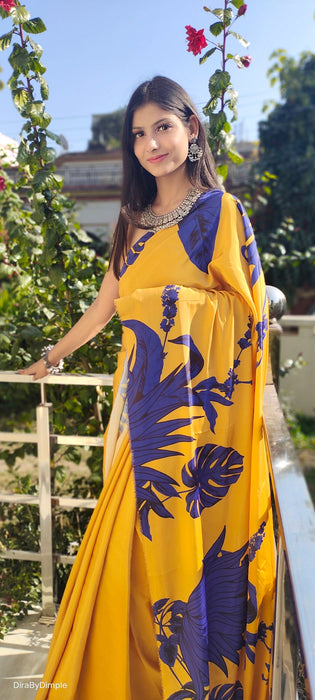 Vivid Fascination (Printed Satin Silk Gold Saree)