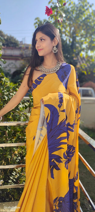 Vivid Fascination (Printed Satin Silk Gold Saree)