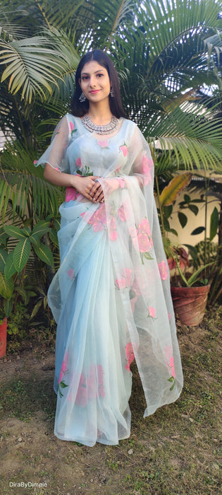 Brilliant Brushstrokes (Handpainted Silk Organza Saree in Powder Blue)