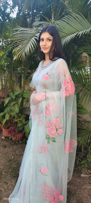 Brilliant Brushstrokes (Handpainted Silk Organza Saree in Powder Blue)