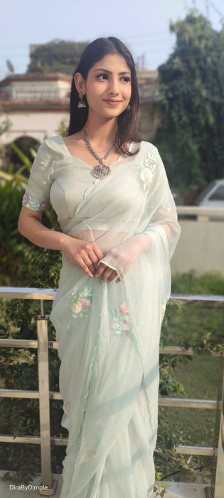 Glitter Grace (Pastel Chiffon Saree with Thread and Sequins Handwork Buttis)