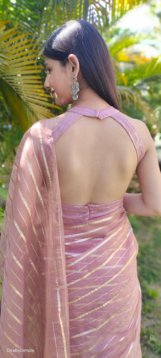 Rose Gold Bliss (Zari Striped Organza Saree)