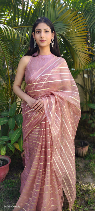 Rose Gold Bliss (Zari Striped Organza Saree)