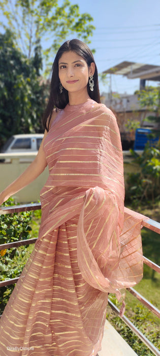 Rose Gold Bliss (Zari Striped Organza Saree)