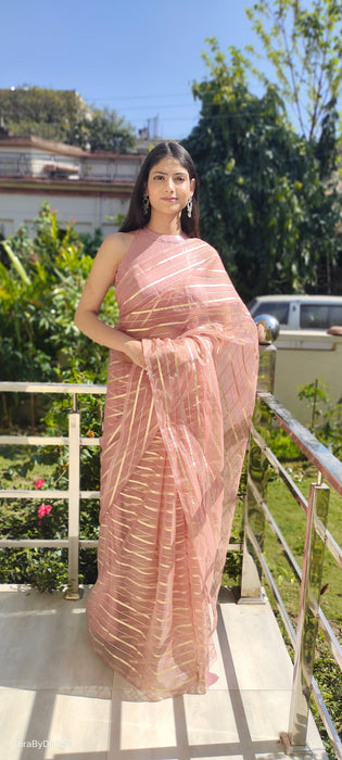 Rose Gold Bliss (Zari Striped Organza Saree)