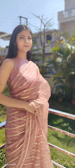 Rose Gold Bliss (Zari Striped Organza Saree)