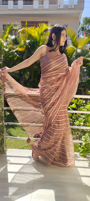 Choco Bliss Organza Zari Stripped Saree