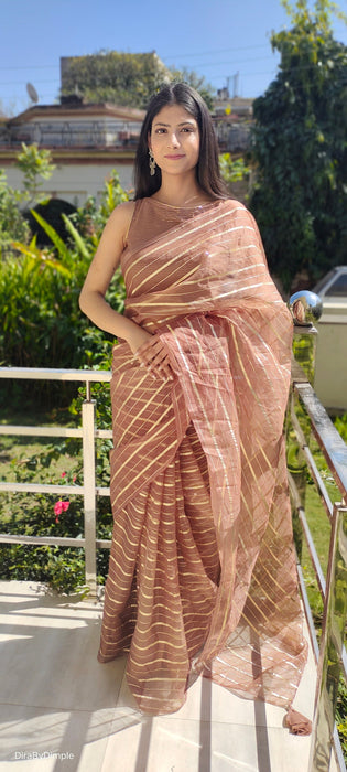 Choco Bliss Organza Zari Stripped Saree