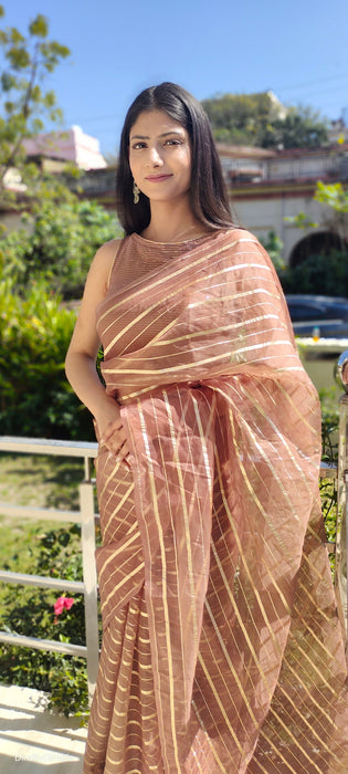 Choco Bliss Organza Zari Stripped Saree