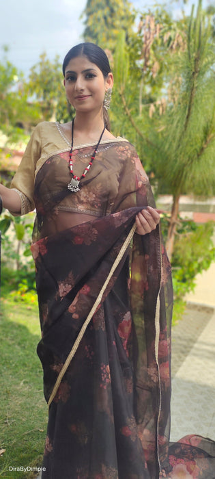 Dreamy Pop (Printed Black Organza Lace Border Saree)