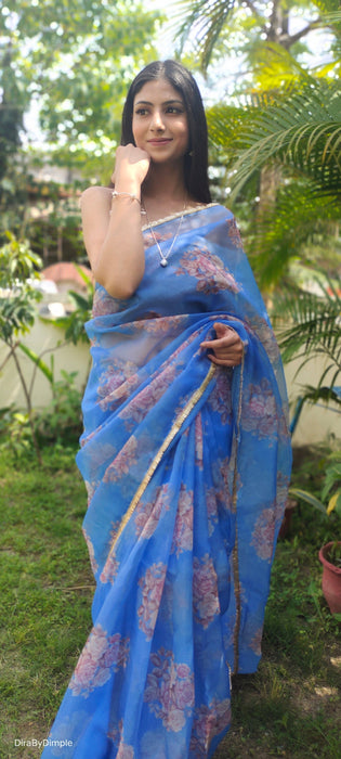 Oceanic Bloom (Printed Organza Saree)