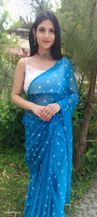 Opal Wander (Blue Bandhej Chiffon Saree)