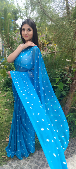 Opal Wander (Blue Bandhej Chiffon Saree)