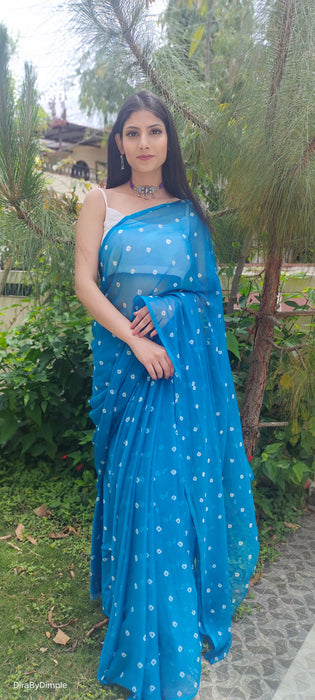 Opal Wander (Blue Bandhej Chiffon Saree)