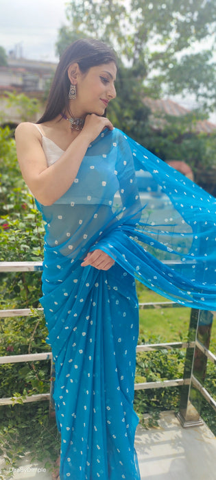 Opal Wander (Blue Bandhej Chiffon Saree)