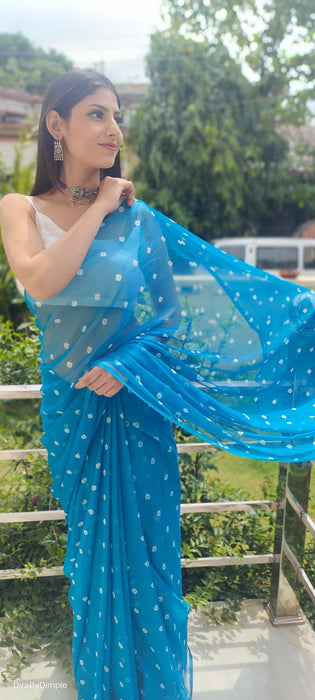 Opal Wander (Blue Bandhej Chiffon Saree)