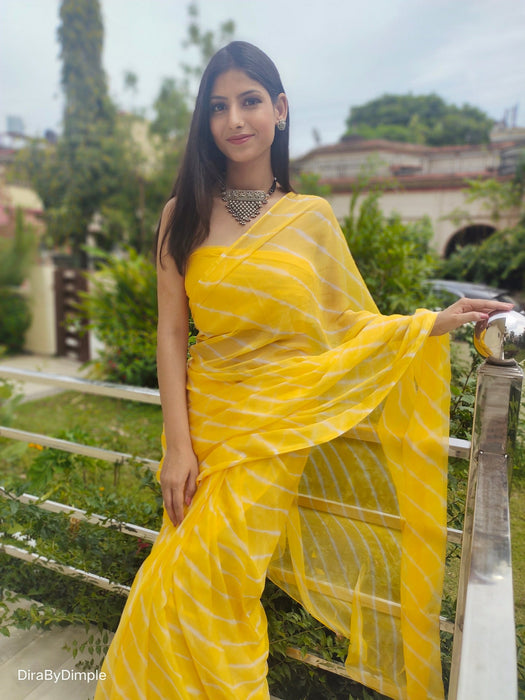 Daffodil Ripple (Hand Tie-Dyed yellow Chiffon Saree)