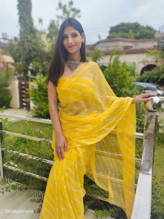 Daffodil Ripple (Hand Tie-Dyed yellow Chiffon Saree)