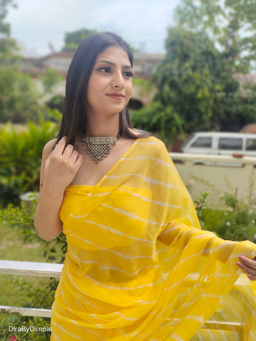 Daffodil Ripple (Hand Tie-Dyed yellow Chiffon Saree)