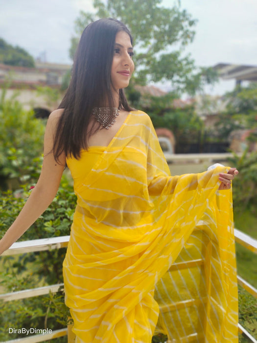 Daffodil Ripple (Hand Tie-Dyed yellow Chiffon Saree)