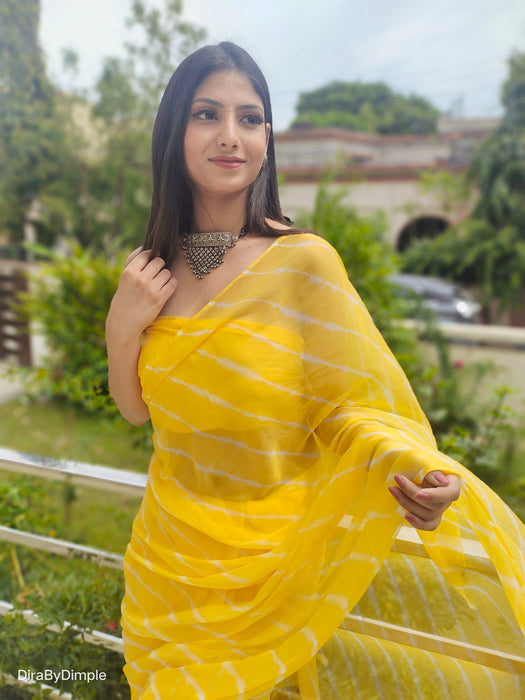 Daffodil Ripple (Hand Tie-Dyed yellow Chiffon Saree)