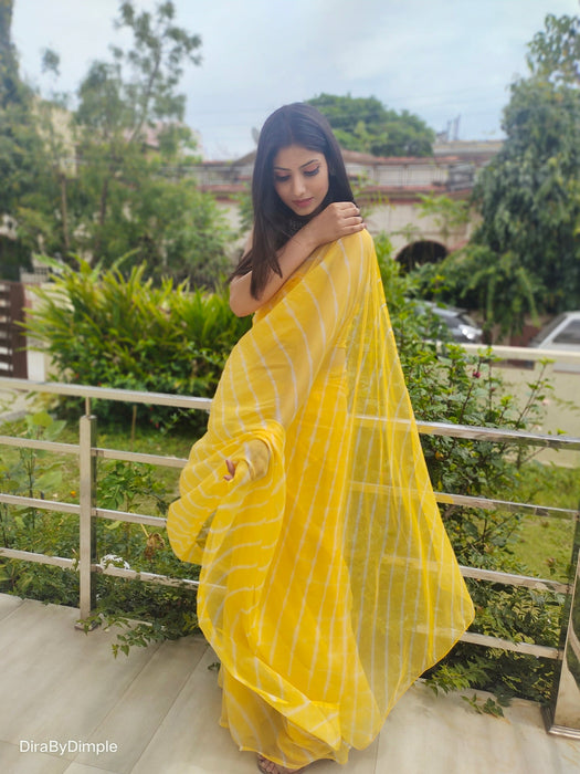 Daffodil Ripple (Hand Tie-Dyed yellow Chiffon Saree)