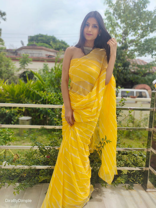 Daffodil Ripple (Hand Tie-Dyed yellow Chiffon Saree)