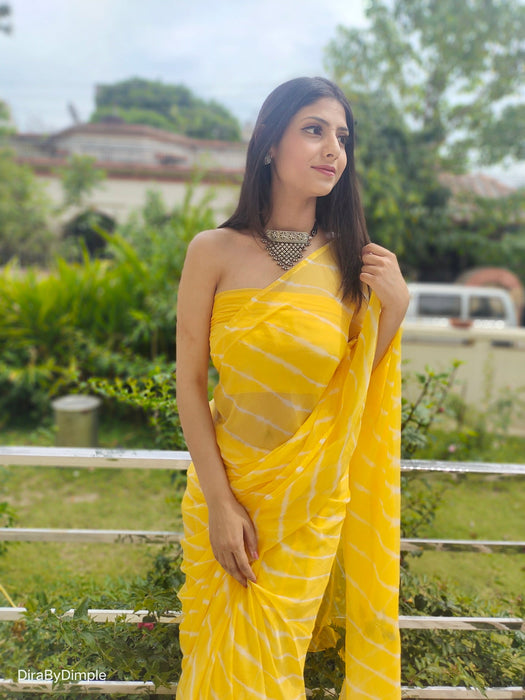 Daffodil Ripple (Hand Tie-Dyed yellow Chiffon Saree)