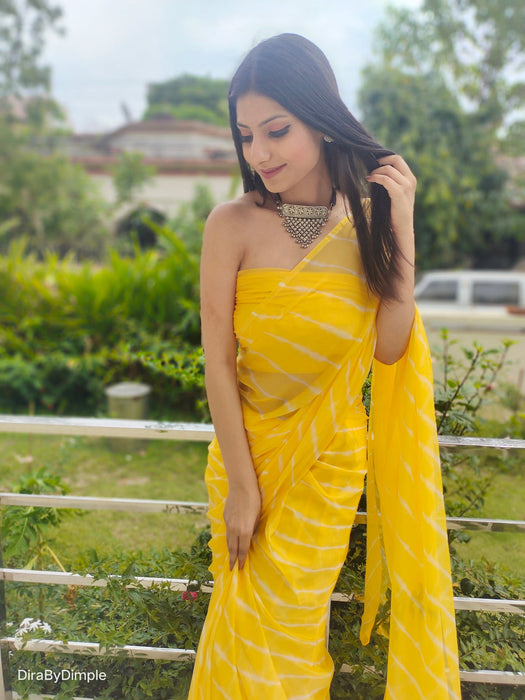 Daffodil Ripple (Hand Tie-Dyed yellow Chiffon Saree)