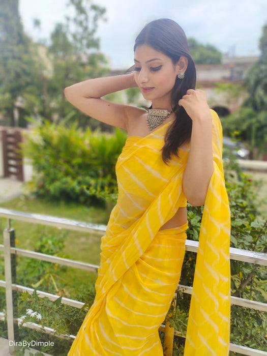 Daffodil Ripple (Hand Tie-Dyed yellow Chiffon Saree)