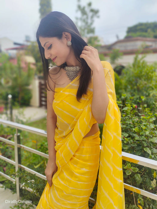 Daffodil Ripple (Hand Tie-Dyed yellow Chiffon Saree)