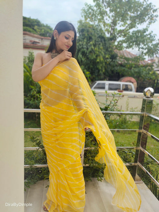 Daffodil Ripple (Hand Tie-Dyed yellow Chiffon Saree)